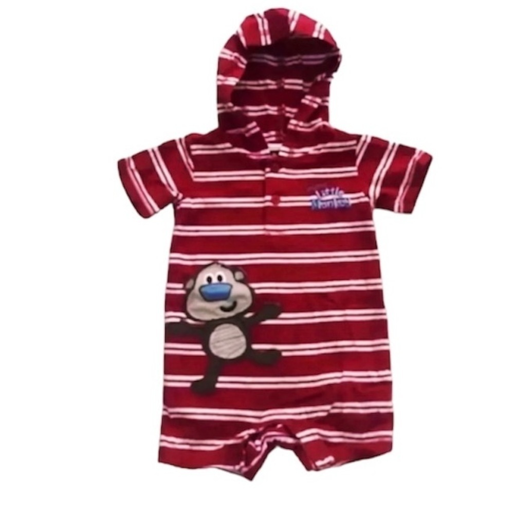 Jumping Beans Boy’s Hooded Striped Romper in Red/White, 9 Months